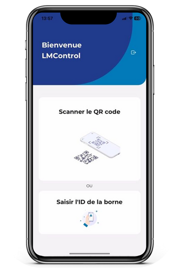 Écran de l’application proposant Scanner le QR code ou Saisir l’ID de la borne